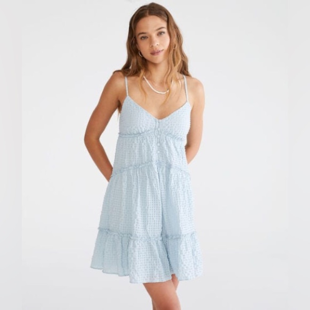 Aeropostale Light Blue solid v-Neck textured badydoll DRESS